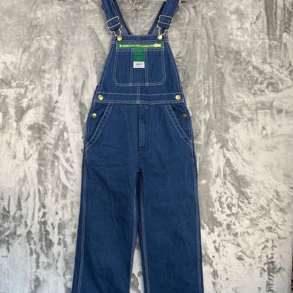 Liberty Kids Denim Overalls Blue Bib Workwear Green Accents Size 12-14 Approx